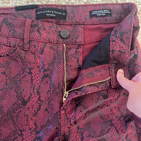 Sanctuary Denim Ankle Skinny Jeans Red Black Snake Coated Pants 27 Y2K Goth - Picture 7 of 12